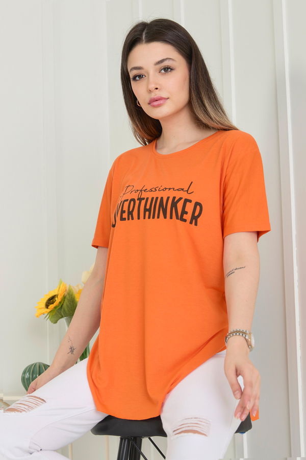 Düz Bisiklet Yaka Kadın Turuncu T-Shirt - 22246
