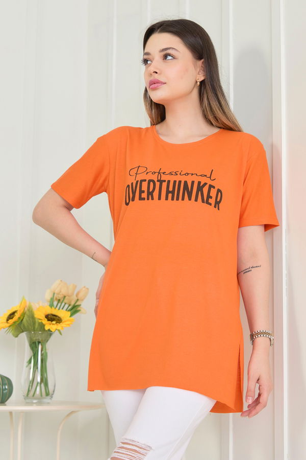 Düz Bisiklet Yaka Kadın Turuncu T-Shirt - 22246