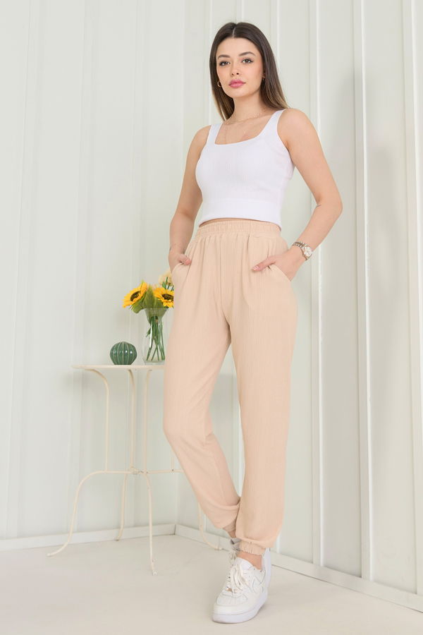 Düz Orta Kadın Bej Pantolon - 22540