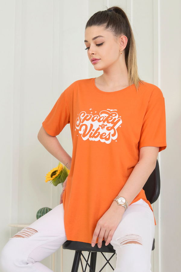 Düz Bisiklet Yaka Kadın Turuncu T-Shirt - 22244