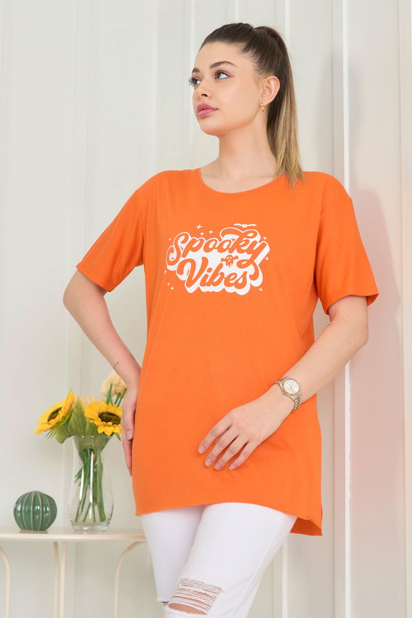 Düz Bisiklet Yaka Kadın Turuncu T-Shirt - 22244
