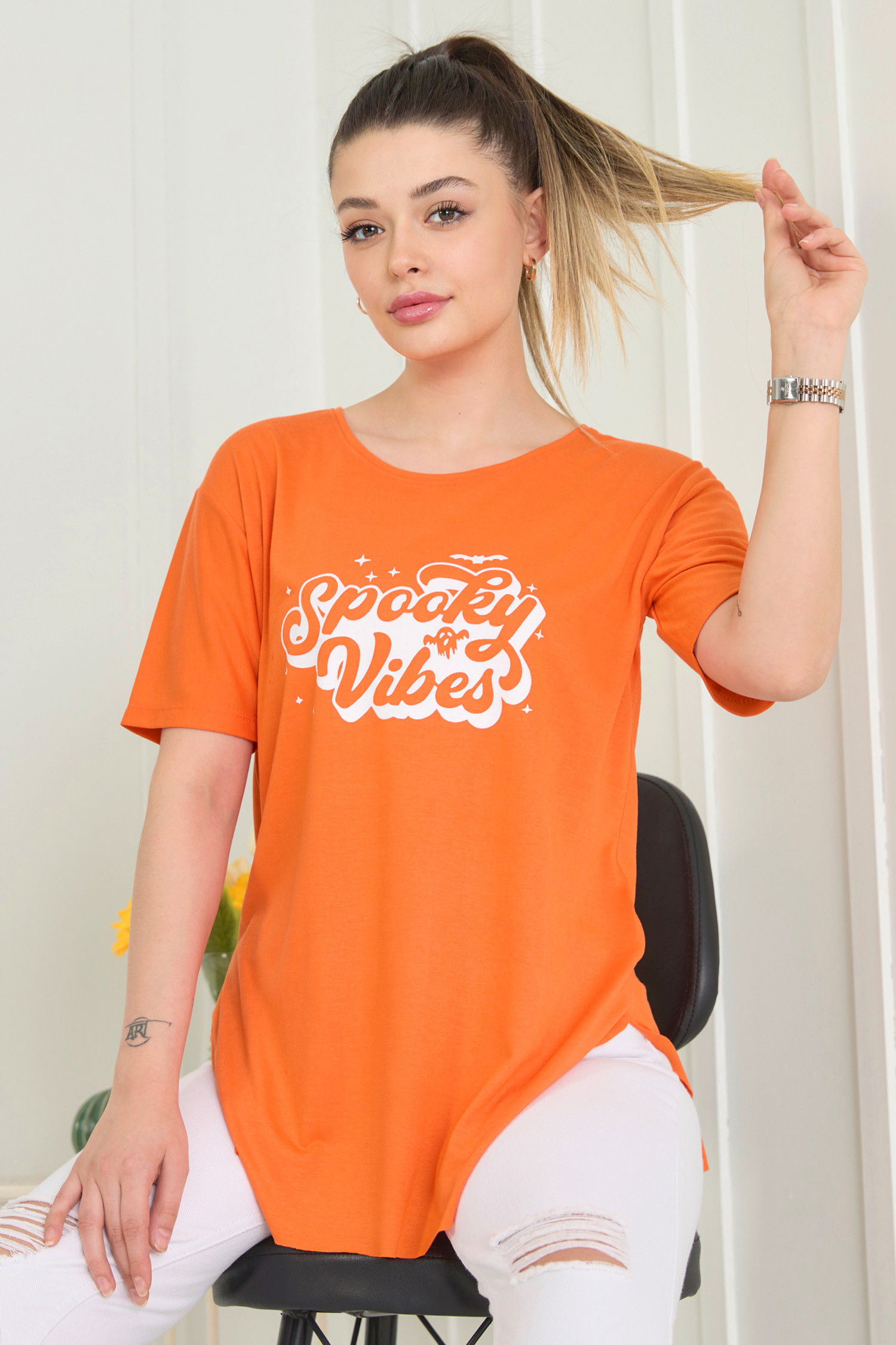 Düz Bisiklet Yaka Kadın Turuncu T-Shirt - 22244