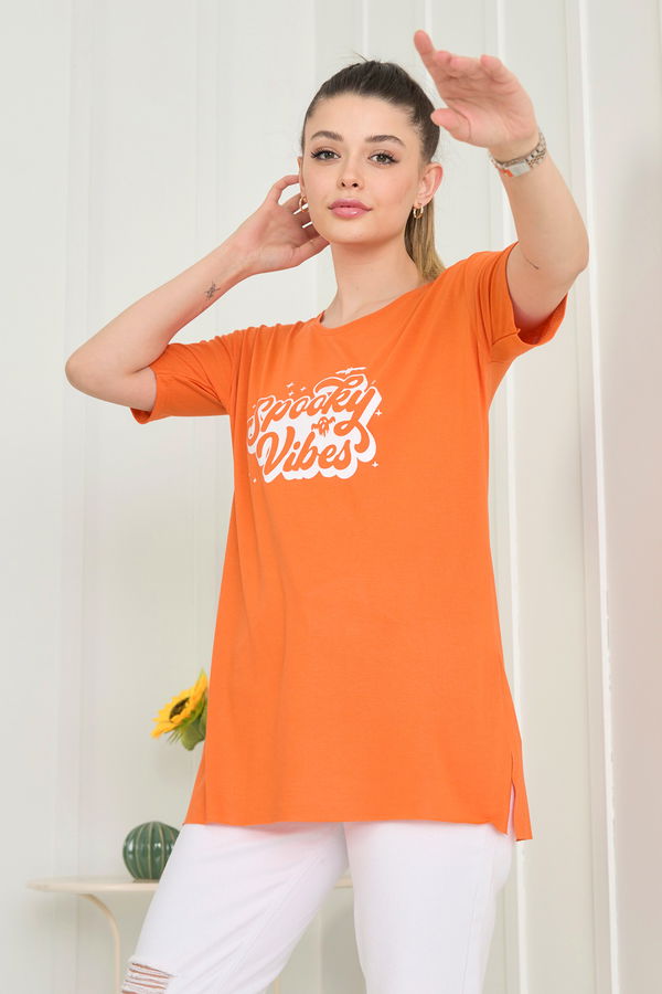 Düz Bisiklet Yaka Kadın Turuncu T-Shirt - 22244