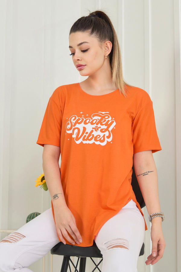 Düz Bisiklet Yaka Kadın Turuncu T-Shirt - 22244
