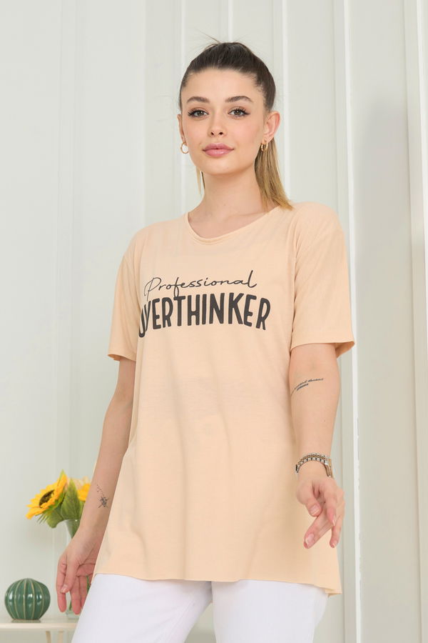 Düz Bisiklet Yaka Kadın Bej T-Shirt - 22246