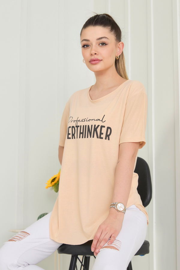 Düz Bisiklet Yaka Kadın Bej T-Shirt - 22246