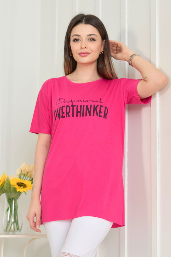 Düz Bisiklet Yaka Kadın Fuşya T-Shirt - 22246