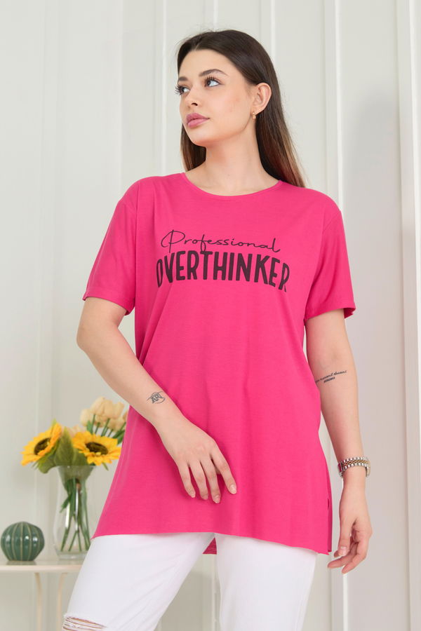 Düz Bisiklet Yaka Kadın Fuşya T-Shirt - 22246
