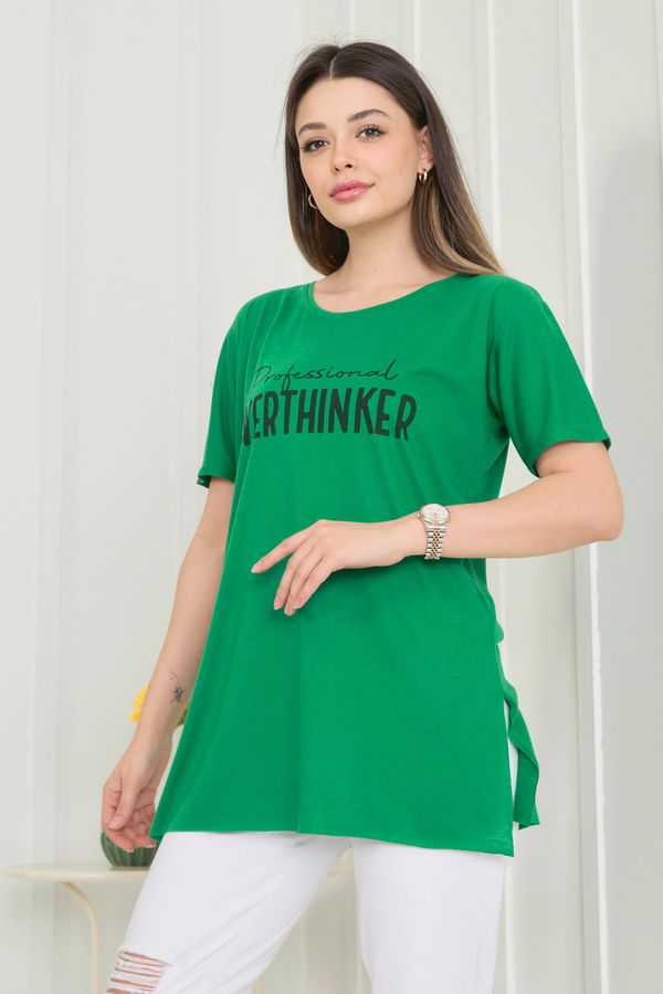 Düz Bisiklet Yaka Kadın Yeşil T-Shirt - 22246