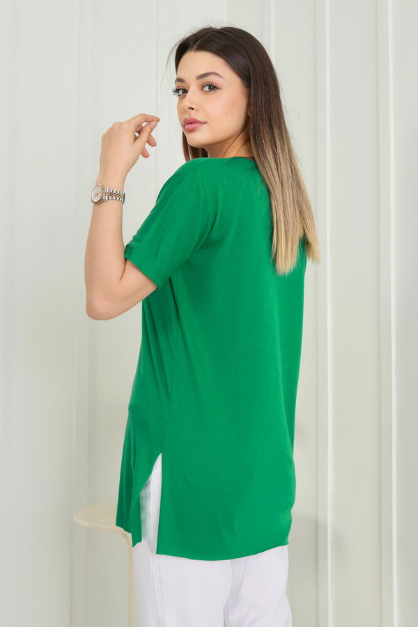 Düz Bisiklet Yaka Kadın Yeşil T-Shirt - 22246