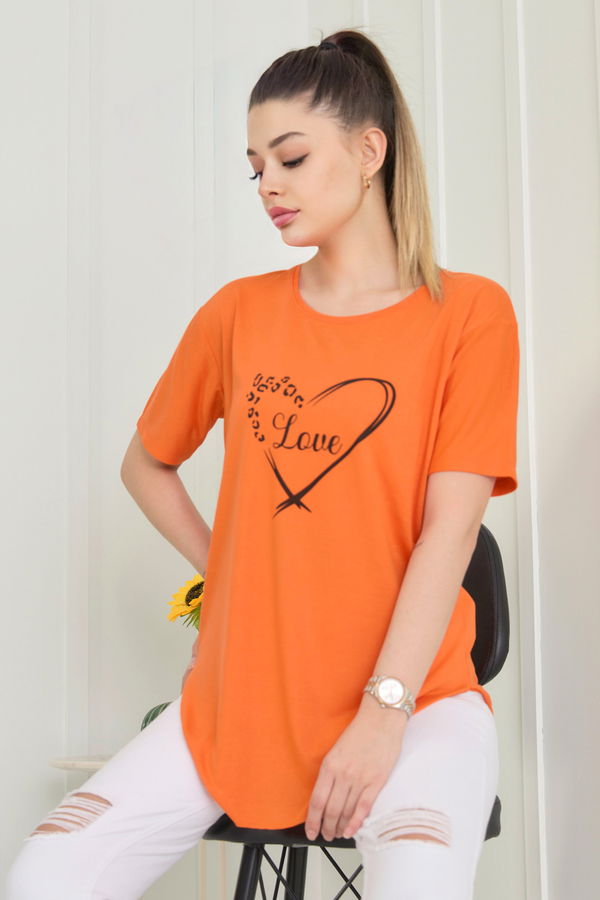Düz Bisiklet Yaka Kadın Turuncu T-Shirt - 22249