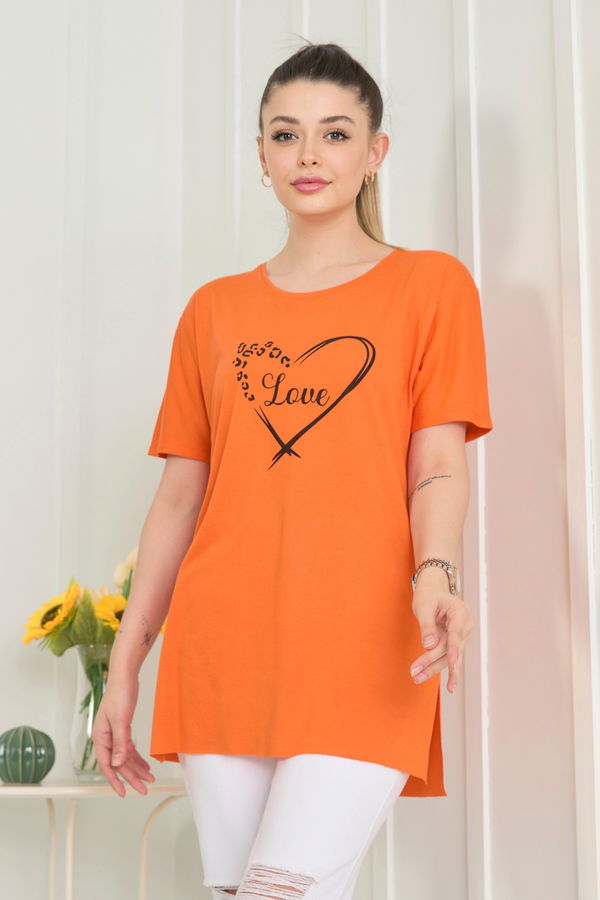Düz Bisiklet Yaka Kadın Turuncu T-Shirt - 22249