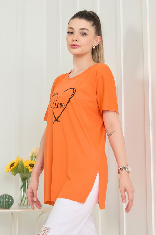 Düz Bisiklet Yaka Kadın Turuncu T-Shirt - 22249
