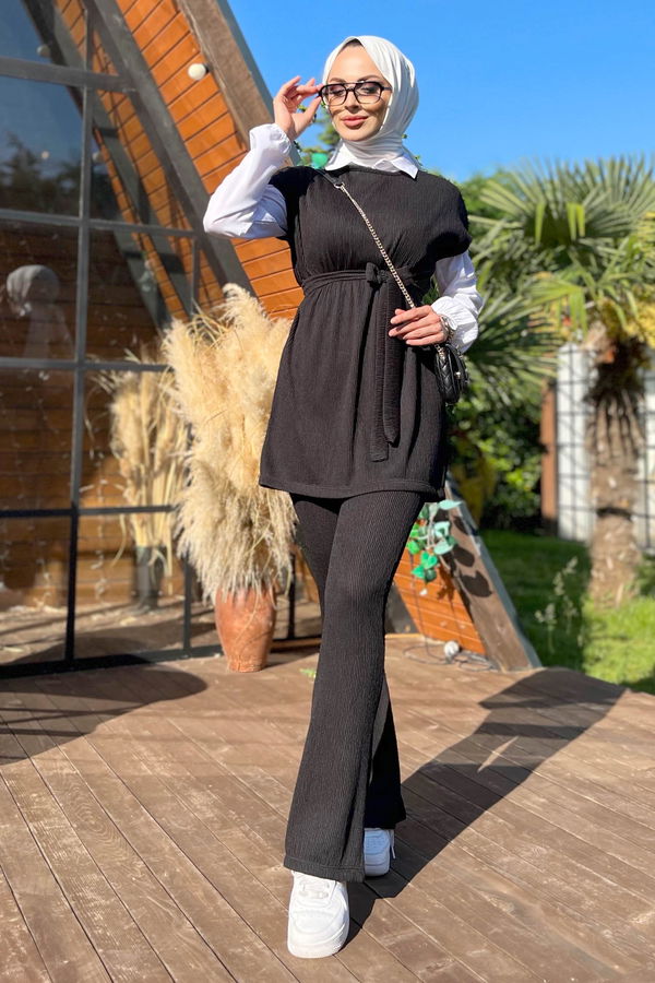 Düz Bisiklet Yaka Kadın Siyah Süveter+Pantolon - 11608
