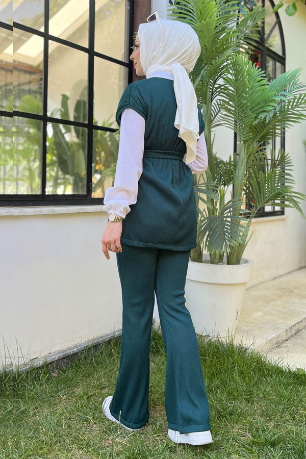Düz Bisiklet Yaka Kadın Yeşil Süveter+Pantolon - 11608