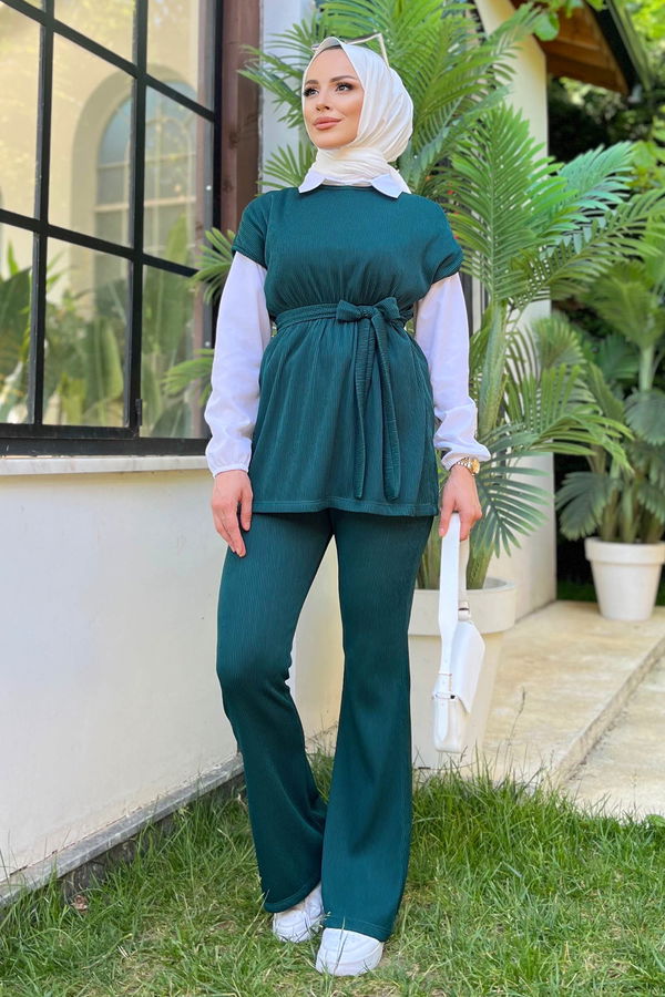Düz Bisiklet Yaka Kadın Yeşil Süveter+Pantolon - 11608