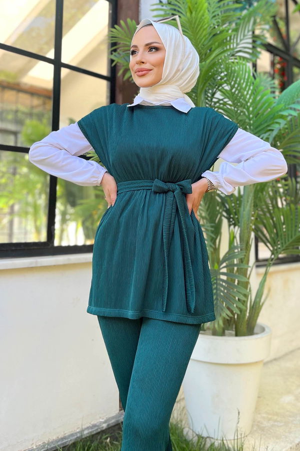 Düz Bisiklet Yaka Kadın Yeşil Süveter+Pantolon - 11608