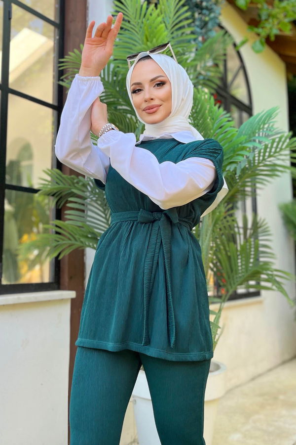Düz Bisiklet Yaka Kadın Yeşil Süveter+Pantolon - 11608