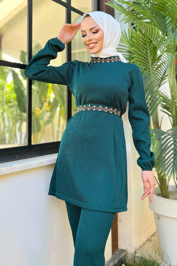 Düz Hakim Yaka Kadın Yeşil Tunik+Pantolon - 11627