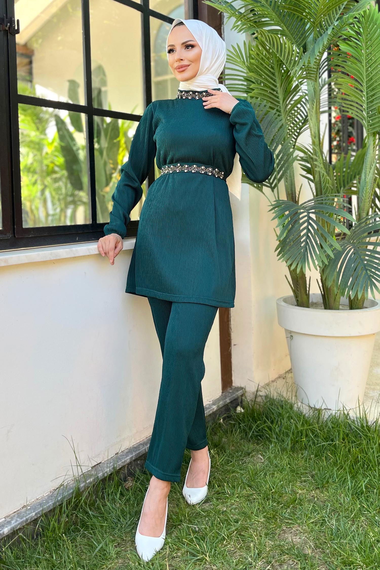 Düz Hakim Yaka Kadın Yeşil Tunik+Pantolon - 11627