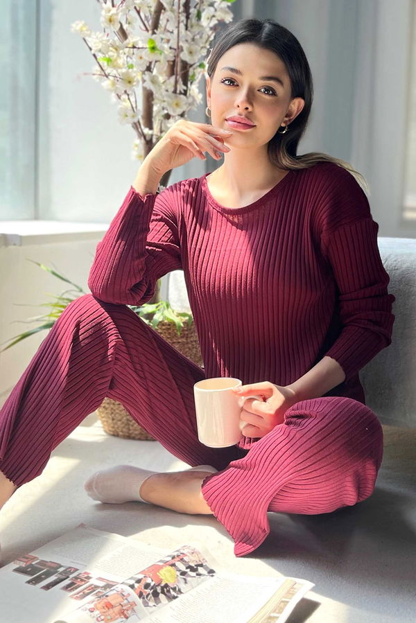 Düz Bisiklet Yaka Kadın Bordo Eşofman Takımı - 22486