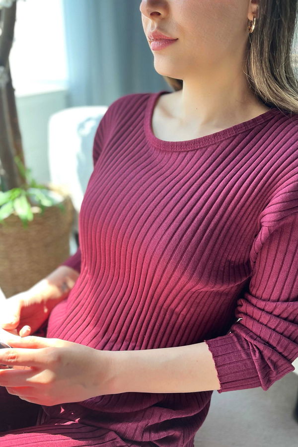 Düz Bisiklet Yaka Kadın Bordo Eşofman Takımı - 22486
