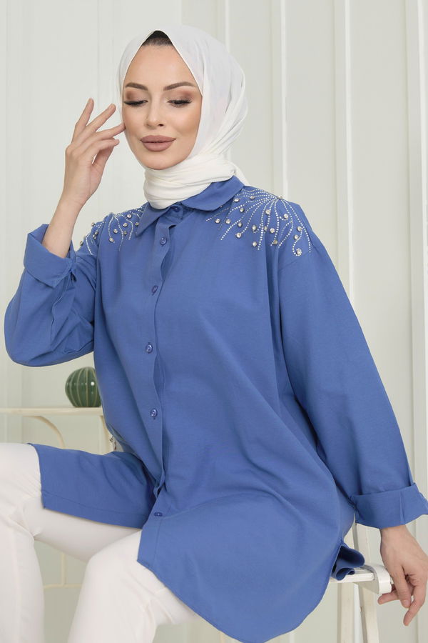 Düz Gömlek Yaka Kadın Mavi Tunik - 22574 MAVİ
