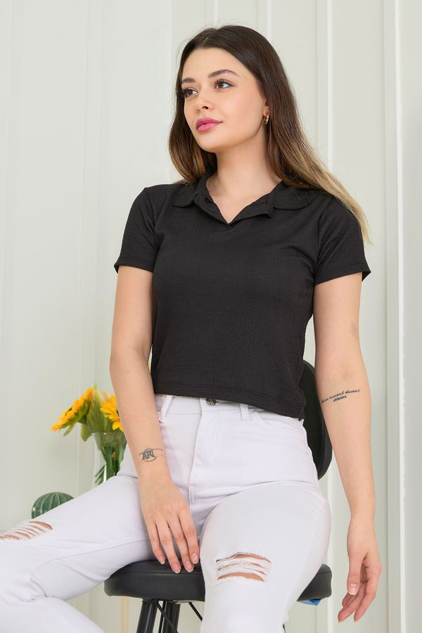 Düz Gömlek Yaka Kadın Siyah Bluz - 22563 SİYAH