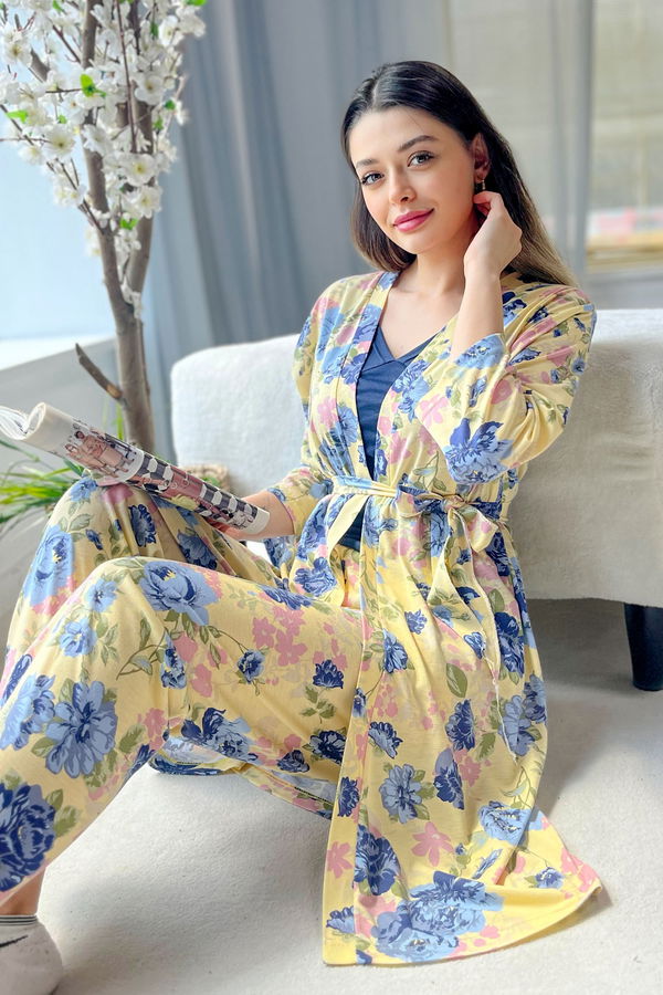 Düz Orta Kadın Sarı Üçlü Sabahlık Takım - 22573