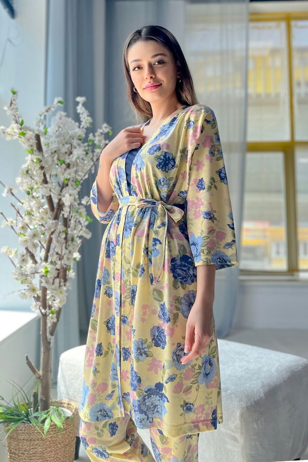 Düz Orta Kadın Sarı Üçlü Sabahlık Takım - 22573