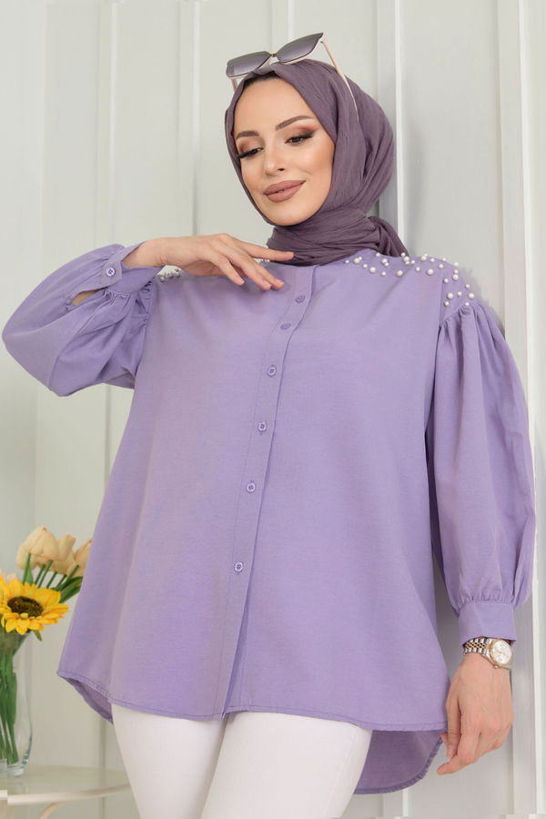 Düz Hakim Yaka Kadın Lila Tunik - 11632 LİLA