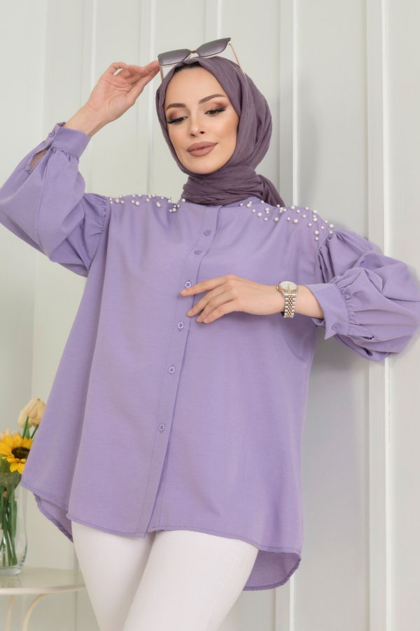 Düz Hakim Yaka Kadın Lila Tunik - 11632 LİLA