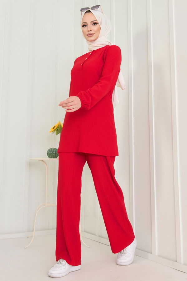 Düz Hakim Yaka Kadın Kırmızı Tunik+Pantolon - 11586