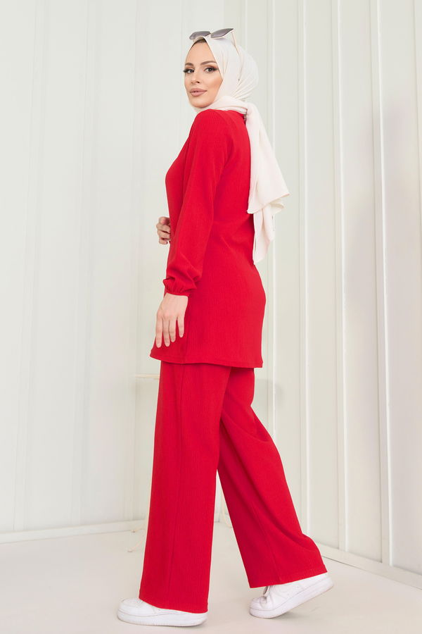 Düz Hakim Yaka Kadın Kırmızı Tunik+Pantolon - 11586
