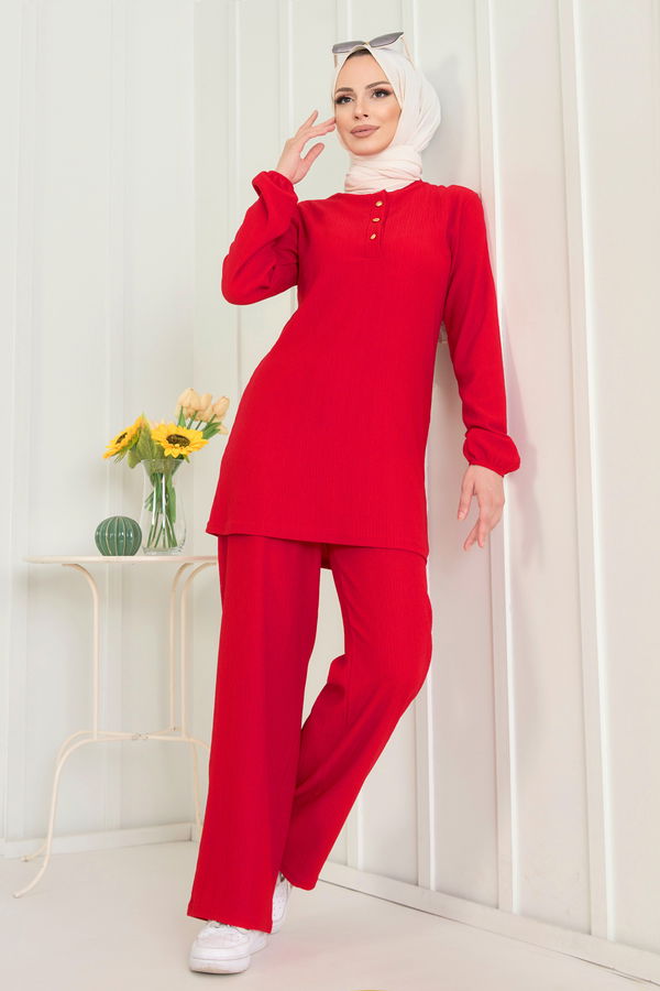 Düz Hakim Yaka Kadın Kırmızı Tunik+Pantolon - 11586