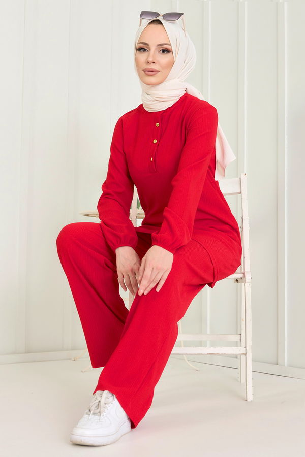 Düz Hakim Yaka Kadın Kırmızı Tunik+Pantolon - 11586