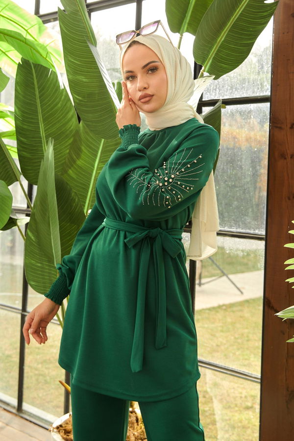 Düz Bisiklet Yaka Kadın Yeşil Tunik+Pantolon - 11652