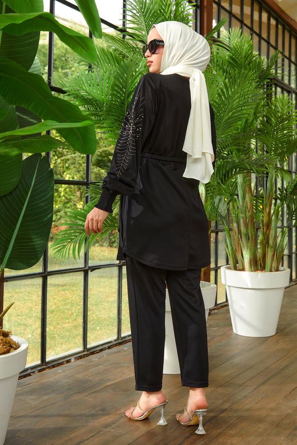 Düz Bisiklet Yaka Kadın Siyah Tunik+Pantolon - 11652