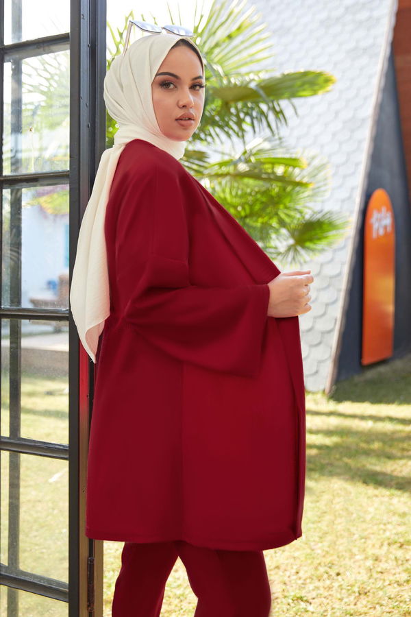 Düz Orta Kadın Bordo Hırka+Pantolon - 11656