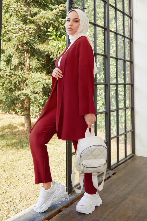 Düz Orta Kadın Bordo Hırka+Pantolon - 11656