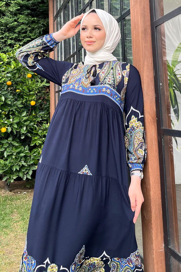 Düz Bisiklet Yaka Kadın Lacivert ELBİSE - 11669