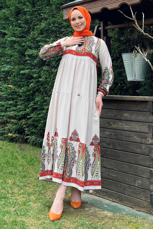 Düz Bisiklet Yaka Kadın Bej ELBİSE - 11669