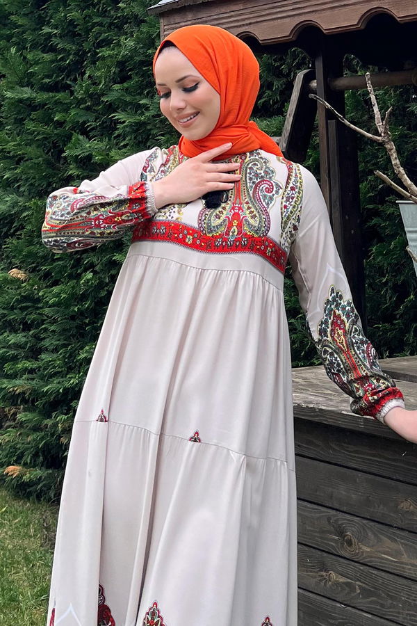 Düz Bisiklet Yaka Kadın Bej ELBİSE - 11669