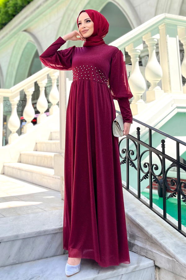 Düz Bisiklet Yaka Kadın Bordo Abiye - 22492