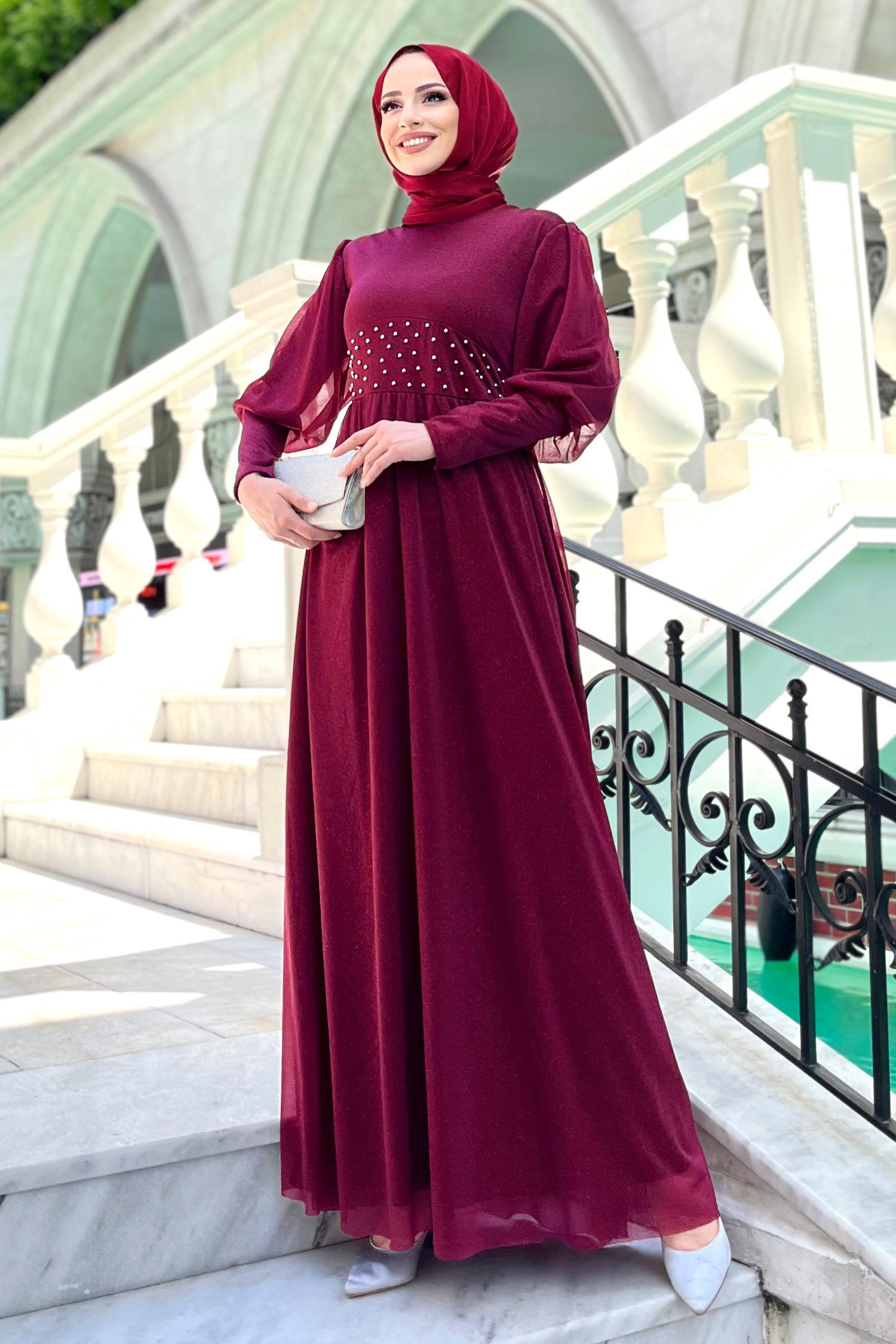 Düz Bisiklet Yaka Kadın Bordo Abiye - 22492