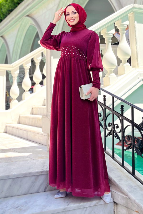 Düz Bisiklet Yaka Kadın Bordo Abiye - 22492