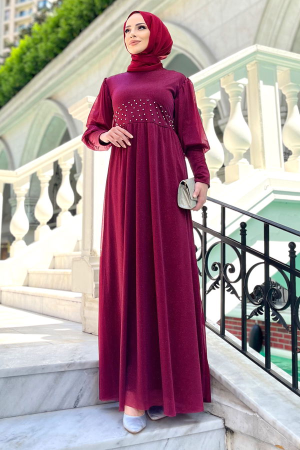 Düz Bisiklet Yaka Kadın Bordo Abiye - 22492