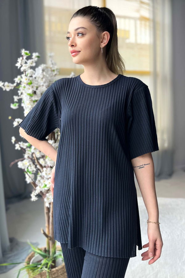 Düz Bisiklet Yaka Kadın Lacivert T-Shirt - 22535 LACİVERT