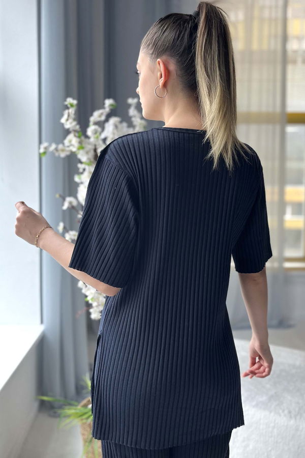Düz Bisiklet Yaka Kadın Lacivert T-Shirt - 22535 LACİVERT