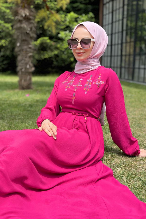 Düz Bisiklet Yaka Kadın Fuşya Elbise - 11581